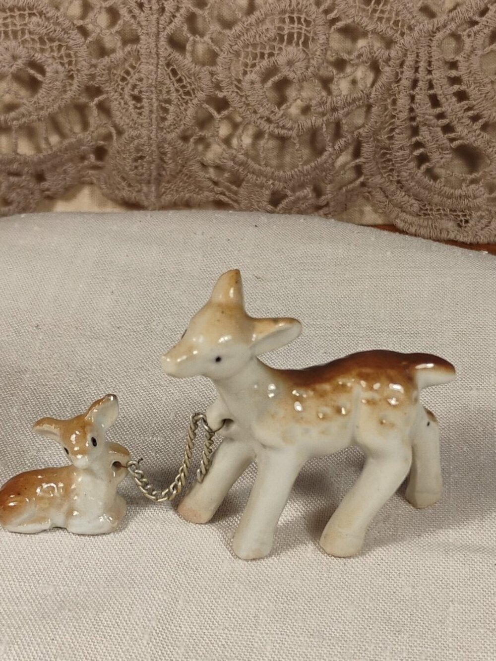 Antique Doe Momma Deer Connected to Her Fawn by Chain. Japan